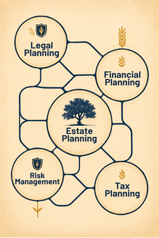Diagram of Estate Planning components: Legal, Financial, Risk, and Tax Planning